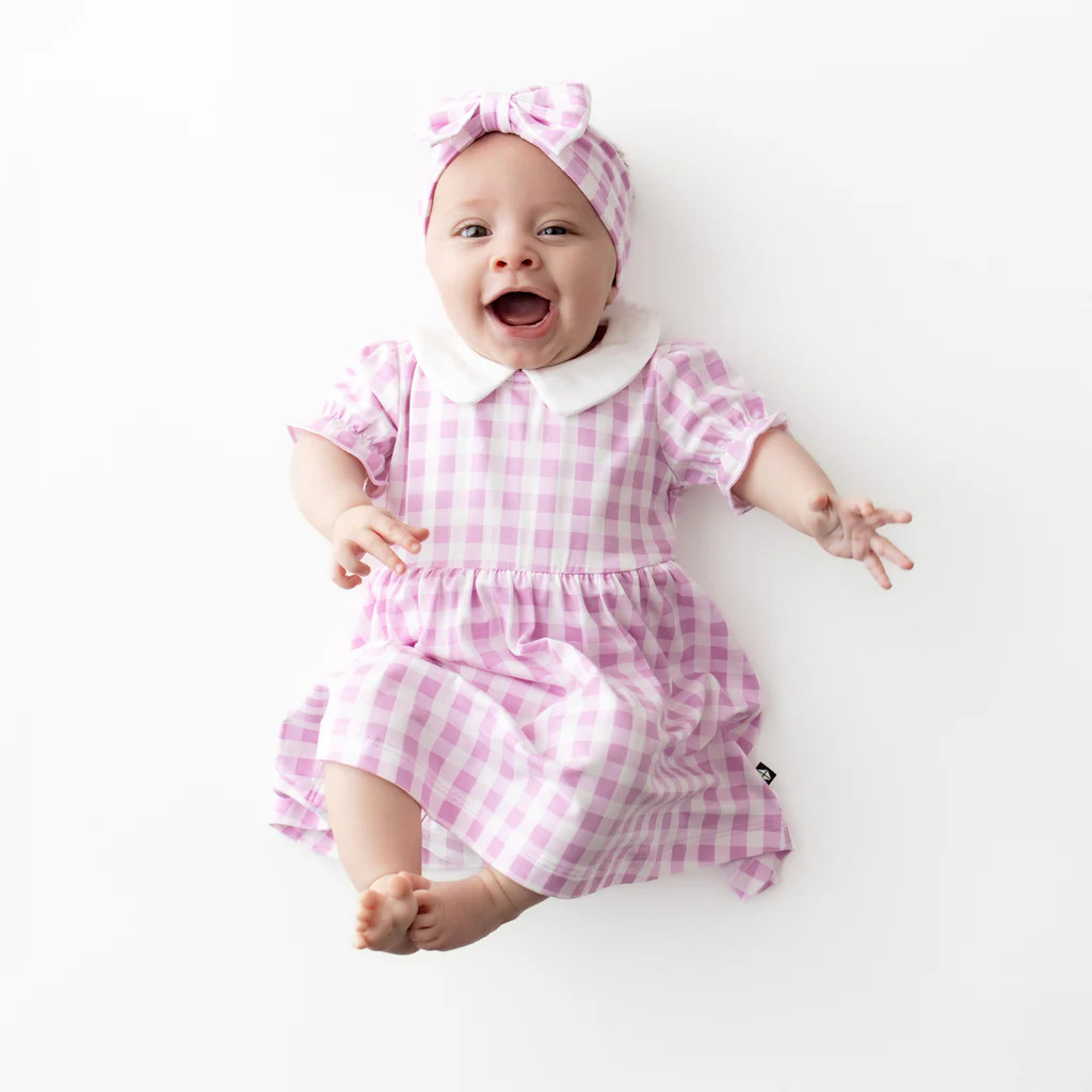 Peter Pan Collar Bodysuit Dress in Gingham Thistle | Kyte Baby