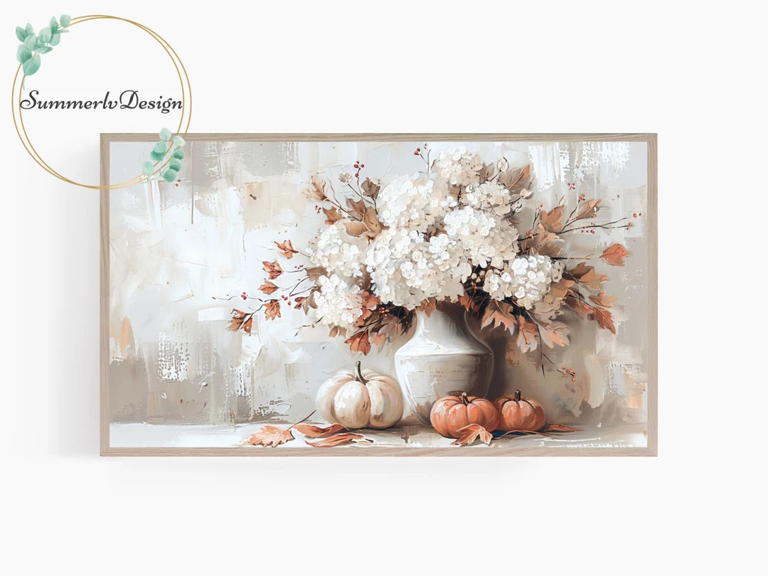Frame TV Art Autumn Still Life Painting, Pumpkins, Hydrangea, Neutral Samsung Frame TV Art, Rusti... | Etsy (US)