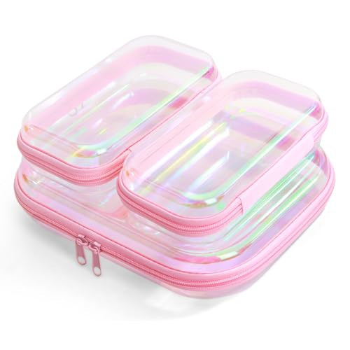 Clear Hard Shell Zipper Case, Surface scratch resistant material, Portable Cosmetic Bag with Zipper, Diaper Bag Organizing Pouches, Hard Plastic Case, Clear Bags for Organizing, Laser Pink （3 Pcs） | Amazon (US)