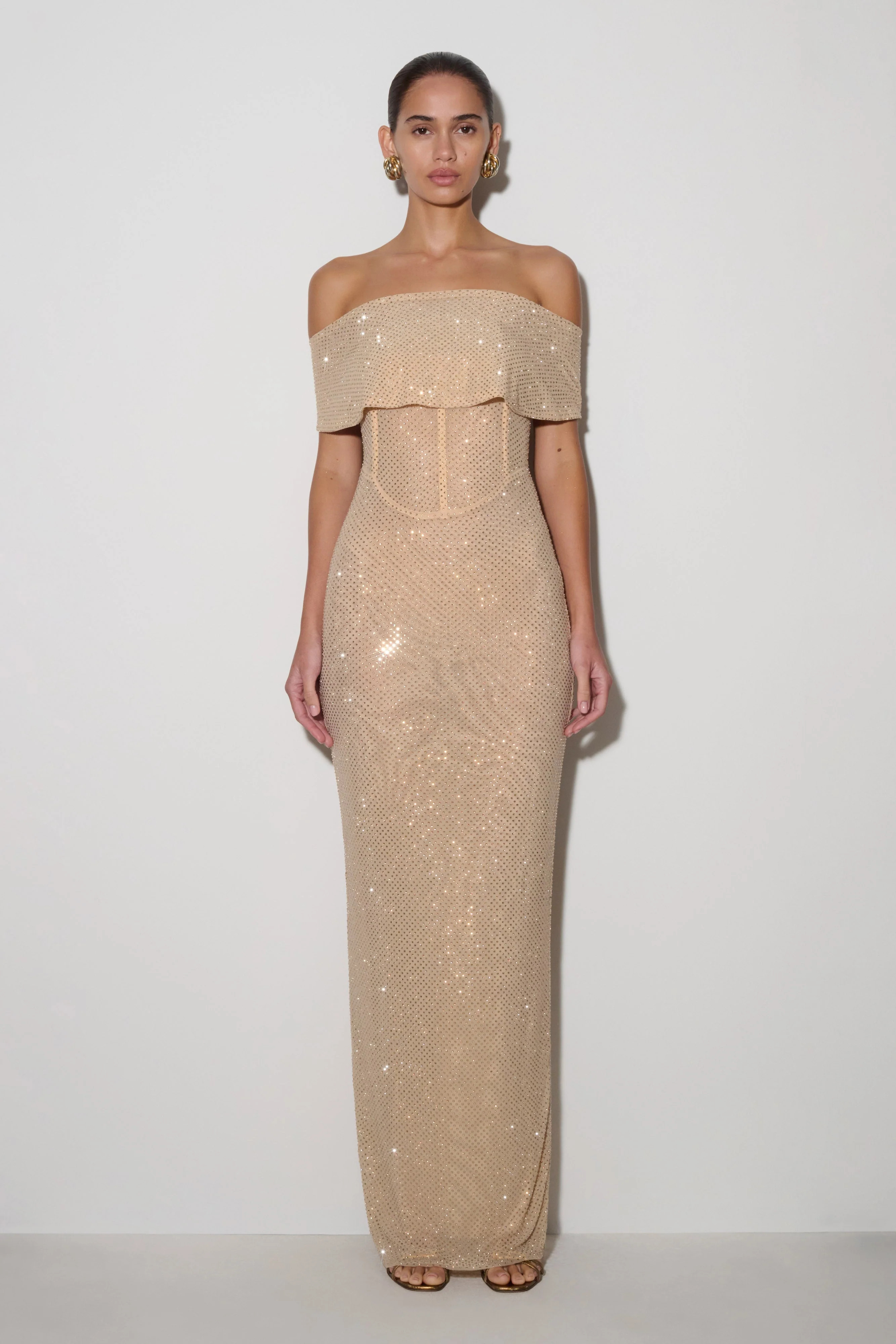 Multi-Wear Cowl Diamante Maxi Dress - Gold | MESHKI US