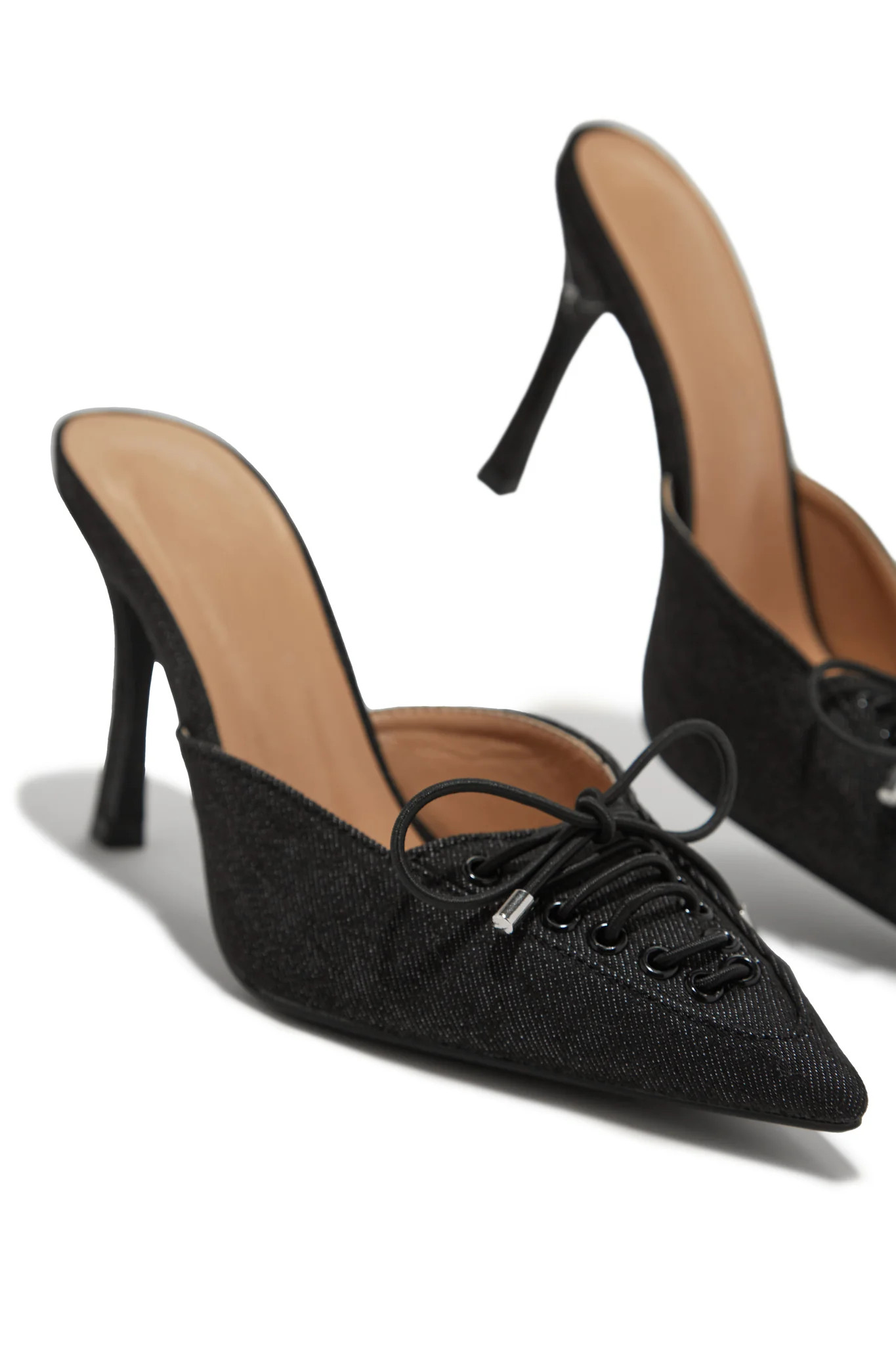 Miss Lola | Nyla Black Denim Pointed Toe Mule Heels | MISS LOLA