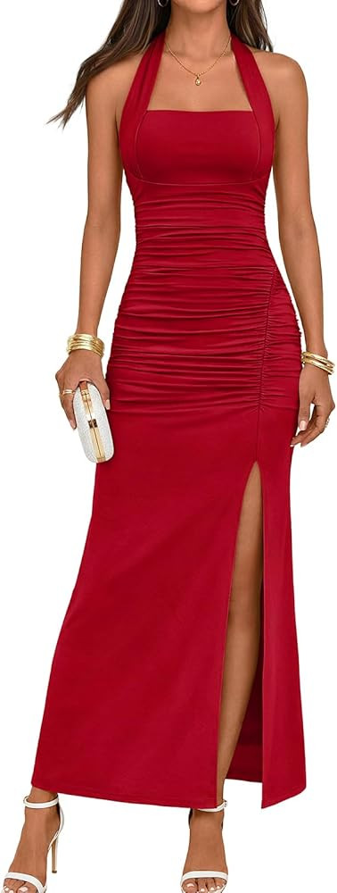 MEROKEETY Women's Wedding Guest Dress Summer Sleeveless Halter Backless Slit Ruched Beach Cocktai... | Amazon (US)
