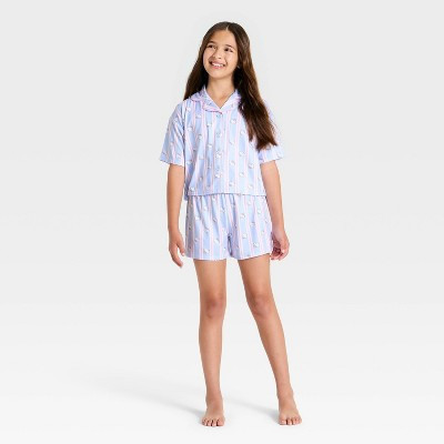 Girls' 2pc Hello Kitty Striped Button-Down Pajama Set - Blue L | Target