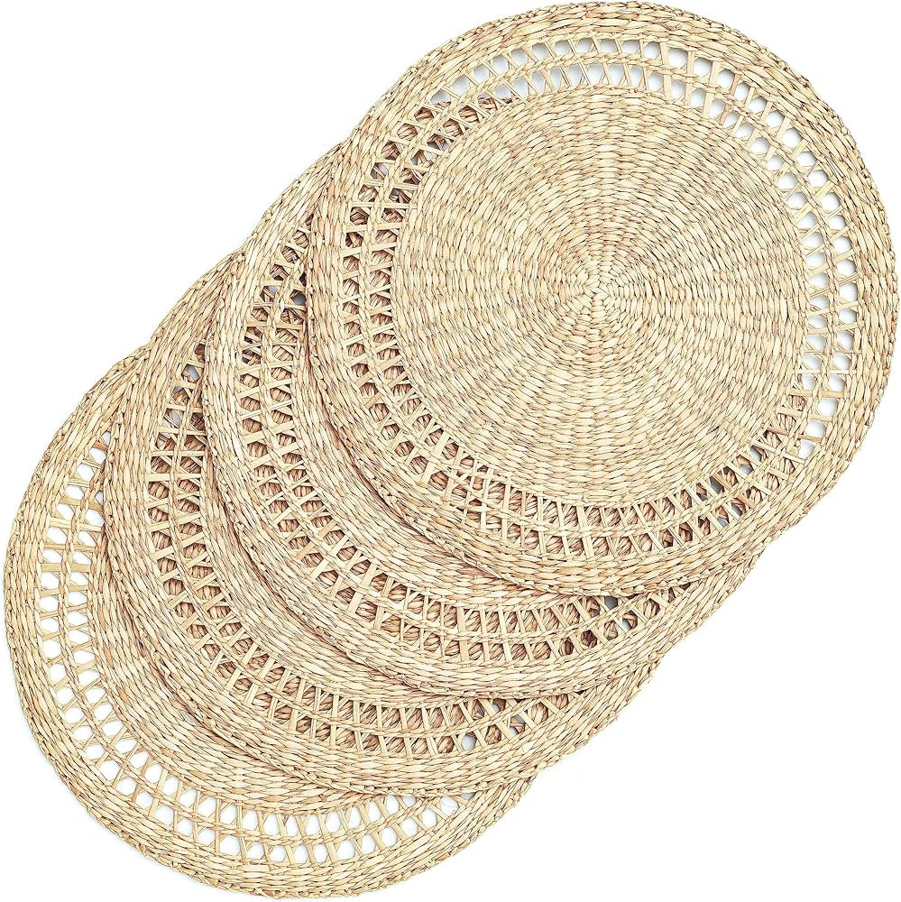 Set of 4 Round Seagrass Woven Placemats for Dining Table - Boho Style, Eco-Friendly and Heat Resi... | Amazon (US)