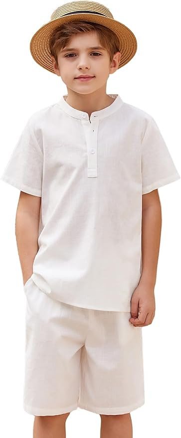 Arshiner Boy's 2 Pieces Linen Set Casual Henley Shirts Short Sleeve Beach Shorts Summer Shorts Ou... | Amazon (US)
