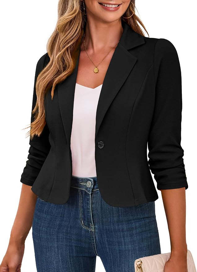Traleubie Women's Cropped Blazer 3/4 Ruched Sleeve Business Casual | Amazon (US)