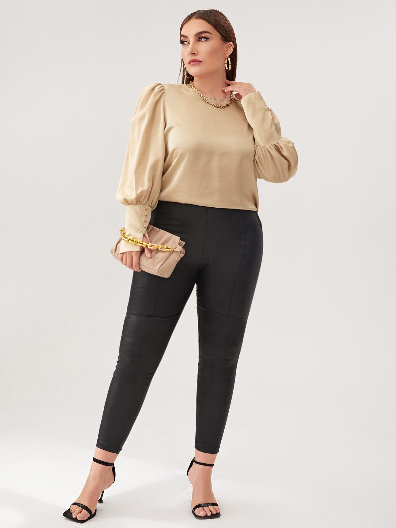 SHEIN Plus Lantern Sleeve Satin Top | SHEIN