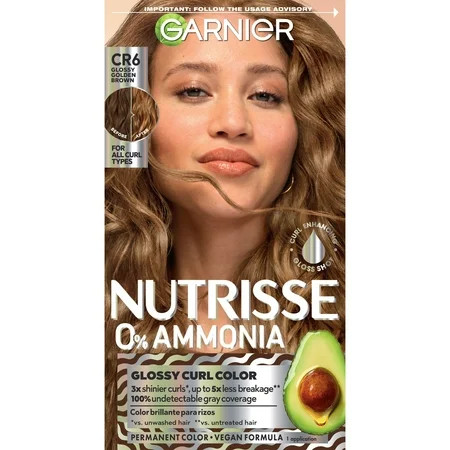 Garnier Nutrisse 0% Ammonia Glossy Curl Nourishing Permanent Hair Color Kit, CR6 Glossy Golden Brown, 1 Kit | Walmart (US)