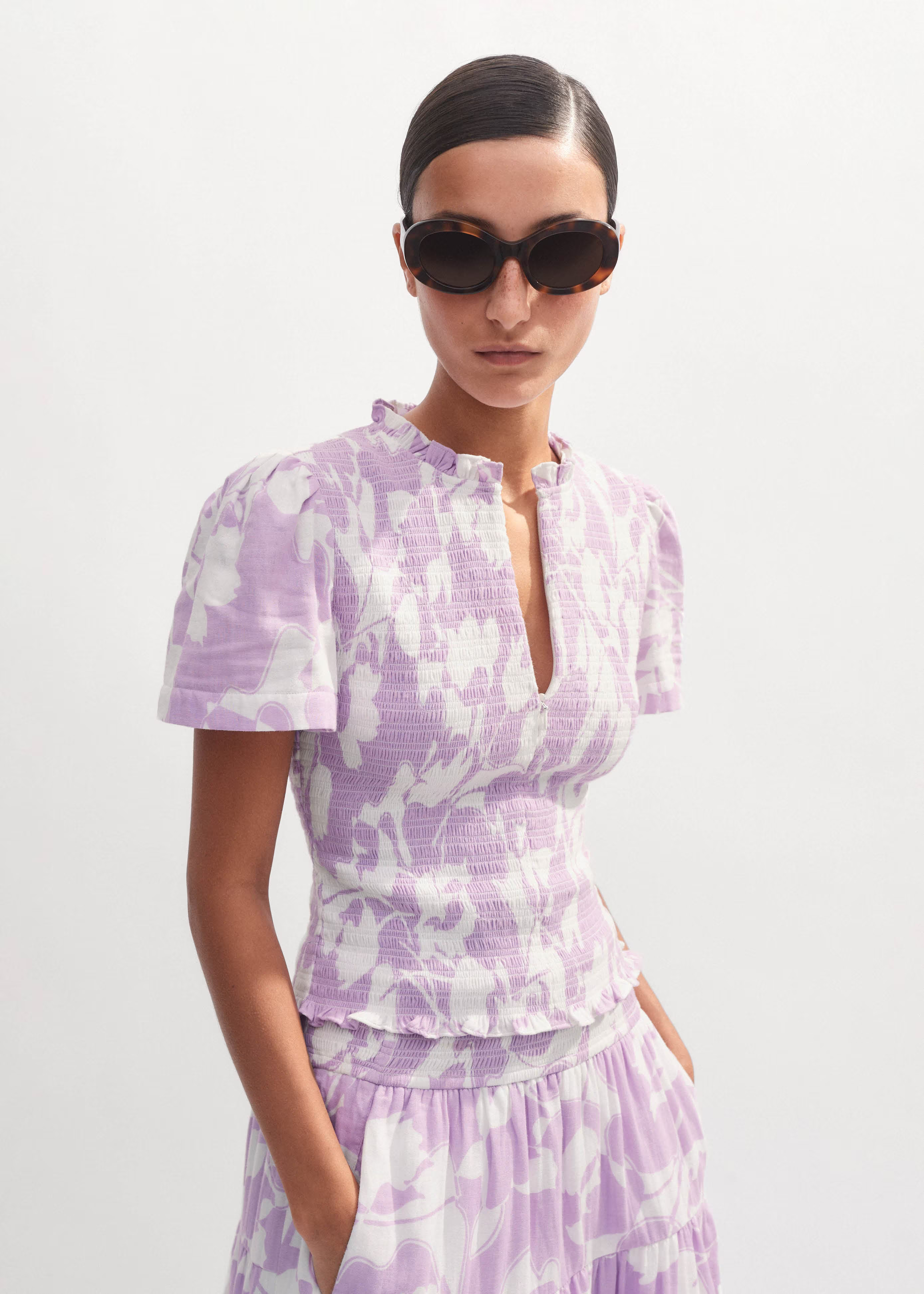 Women's White Cheesecloth Tulip Print Shirred Zip Top | ME+EM | ME+EM US
