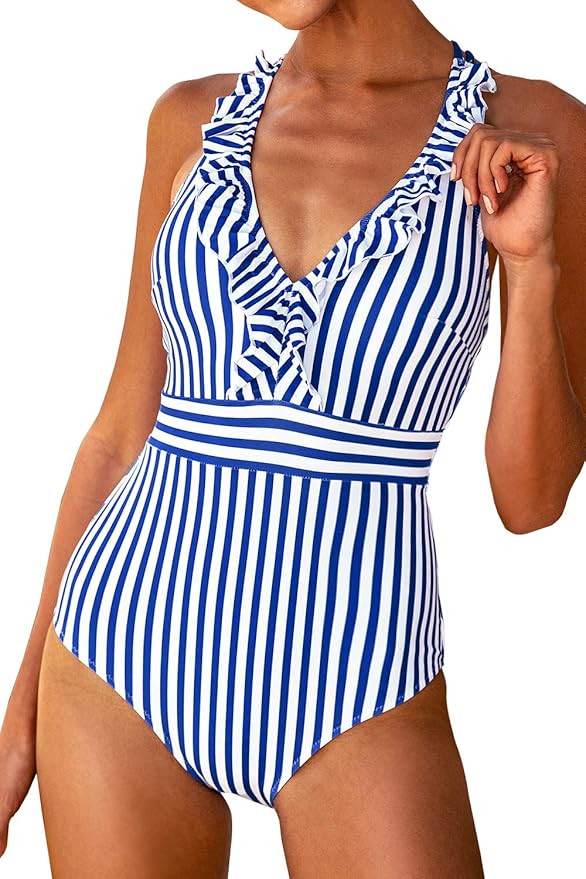 CUPSHE Women's V Neck One Piece Swimsuit Ruffled Back Cross Swimwear | Amazon (US)