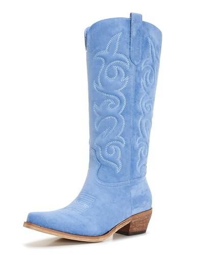 AITTA Suede Cowboy Boots for Women Knee High Cowgirl Boots, Western Boots with Classic Embroidered Pointed Toe Chunky Heel Pull On Retro Vintage Classic Tall Boots for Ladies，Blue，Size 10 | Amazon (US)