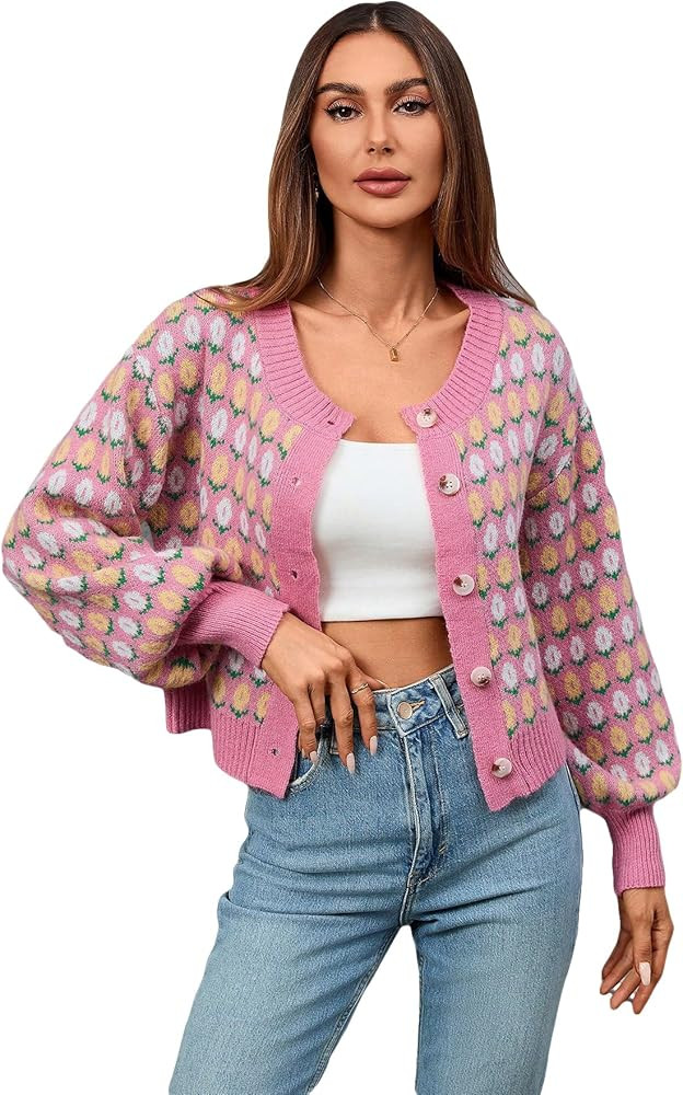 WDIRARA Women's Floral Button Down Ribbed Knit Crew Neck Cropped Cardigan Sweater | Amazon (US)
