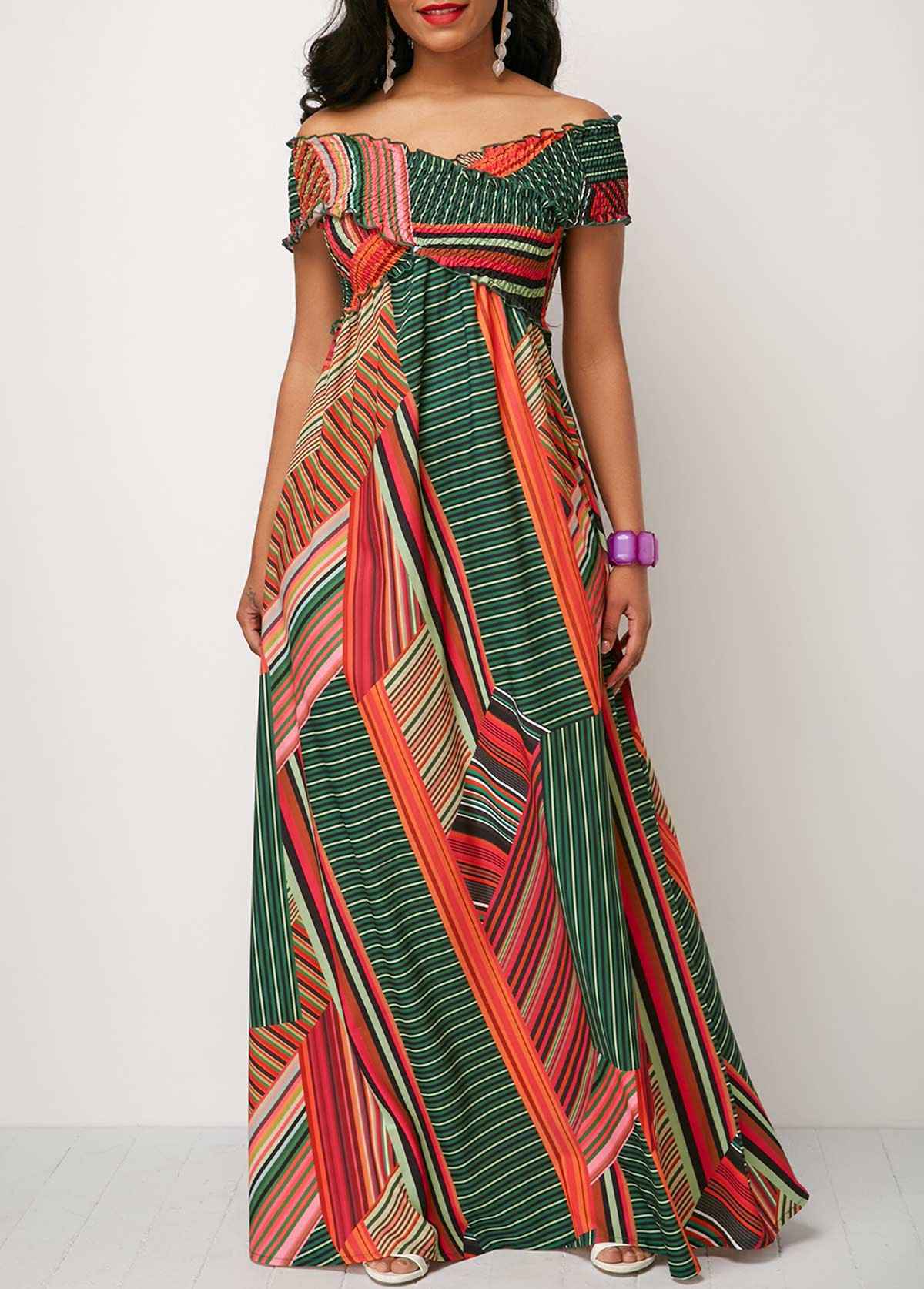 Printed Off the Shoulder Shirred Detail Dress | Rotita.com - USD $39.98 | rotita.com