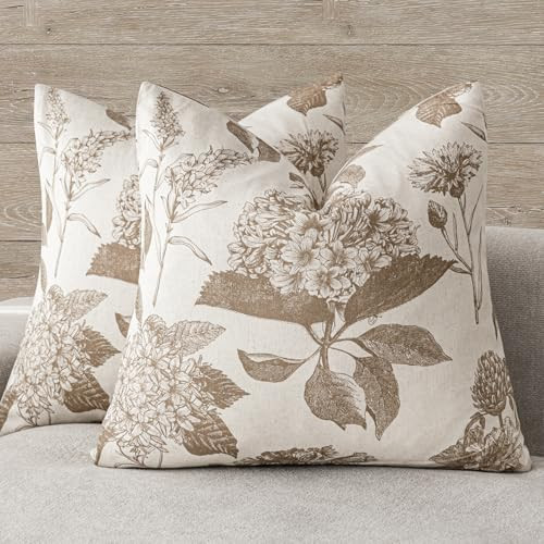 Foindtower Set of 2 Linen Floral Throw Pillow Covers Neutral Vintage Print Decorative Cushion Covers Farmhouse Boho Home Decor for Sofa Chair Couch Bedroom Living Room,22×22 Inch,Light Brown | Amazon (US)