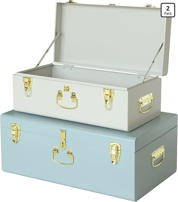 Vixdonos Decorative Large Metal Box Storage Trunk Chest Set of 2 College Dorm Organizer with Hard... | Amazon (US)