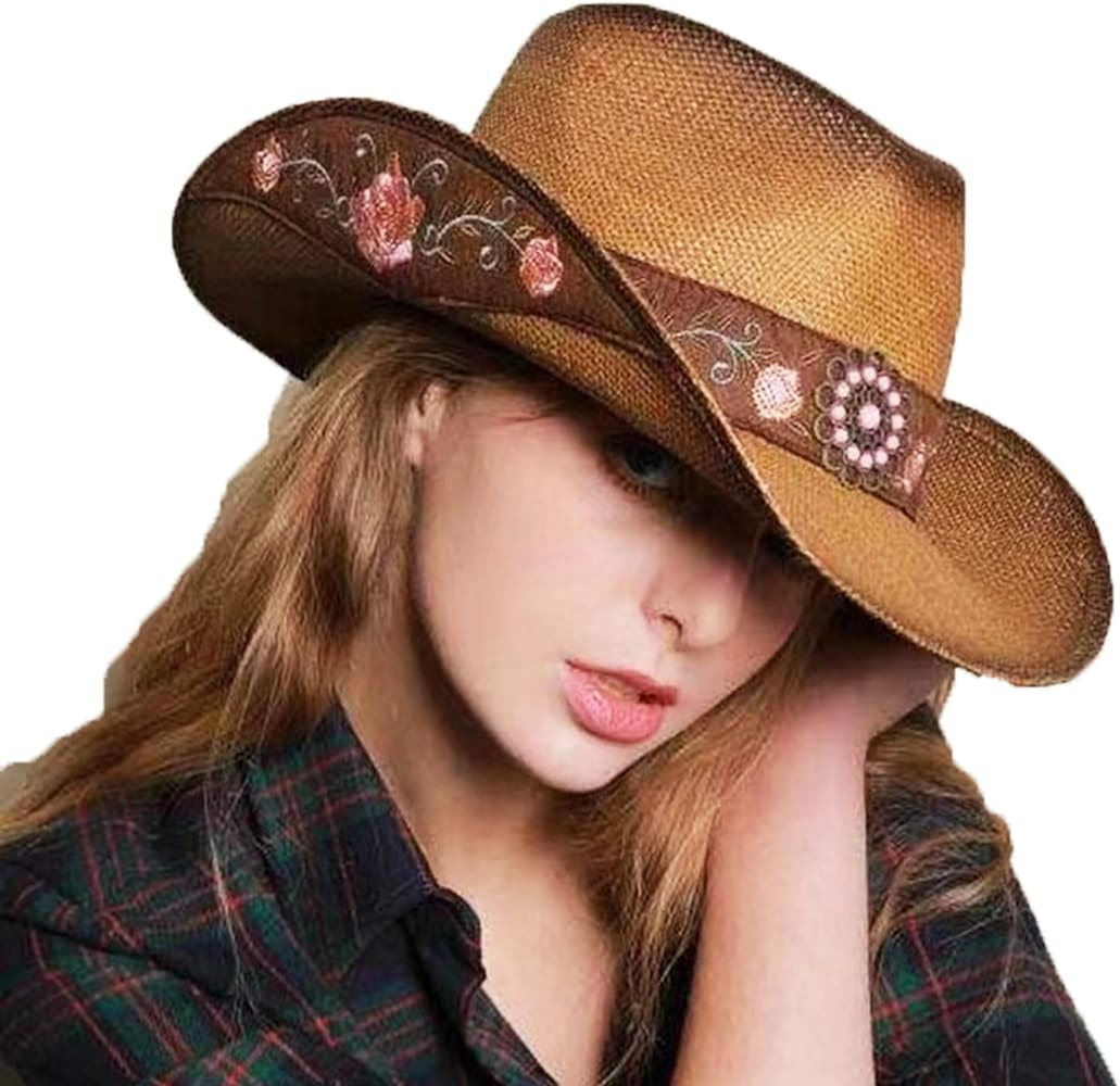 Cowboy Hats for Women, Brown Cowgirl Hats Classic Straw Western Hats for Women Music Festival Par... | Amazon (US)