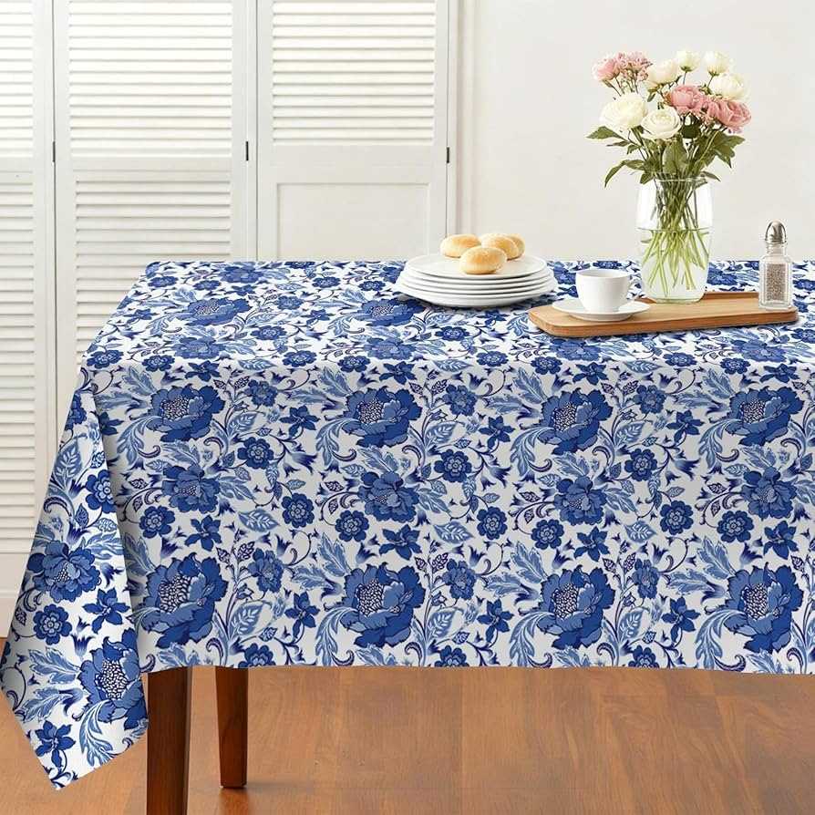 Blue and White Floral Tablecloth, Vintage Navy Kitchen Rectangle Table, Chinoiserie Spring Tablec... | Amazon (US)
