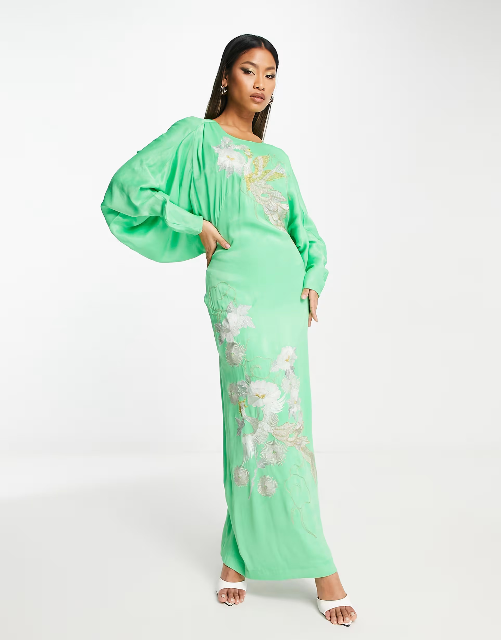 ASOS EDITION satin phoenix embroidery batwing midi dress with v back in apple green | ASOS (Global)