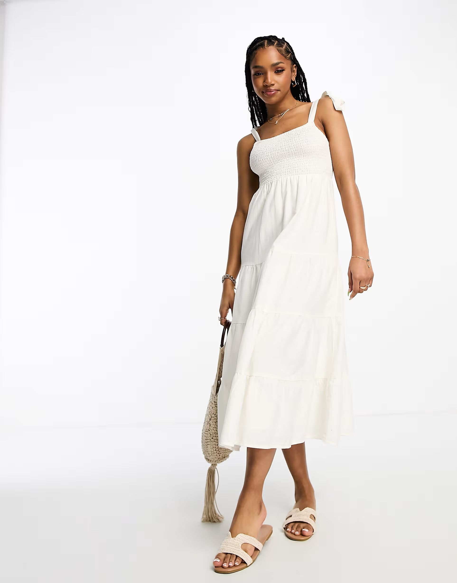 Miss Selfridge linen look frill strap tiered maxi dress in ivory | ASOS (Global)