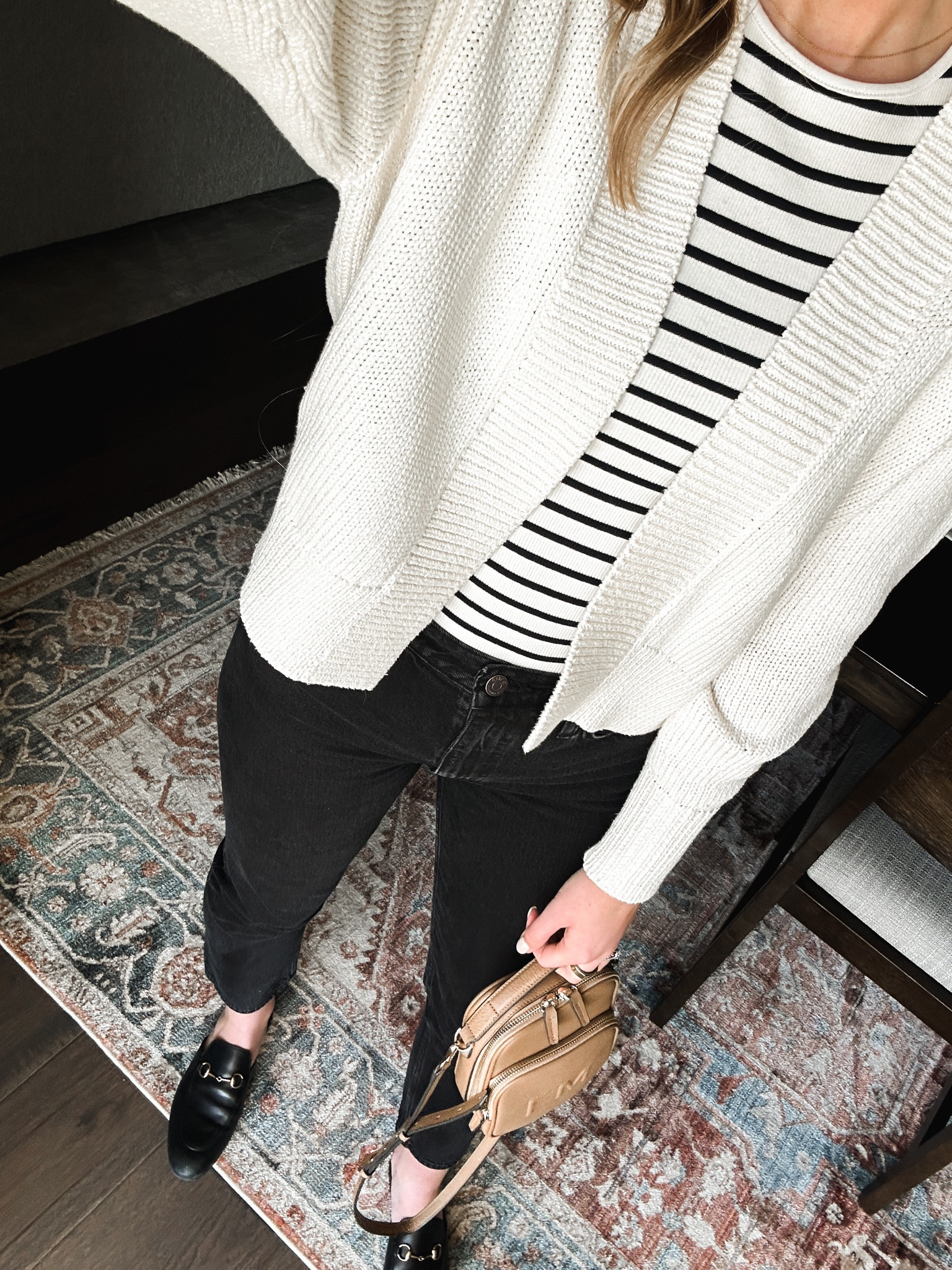Black jeans, Gucci mules, striped tank top, cream cardigan, monogram bag

#LTKunder100 #LTKworkwear