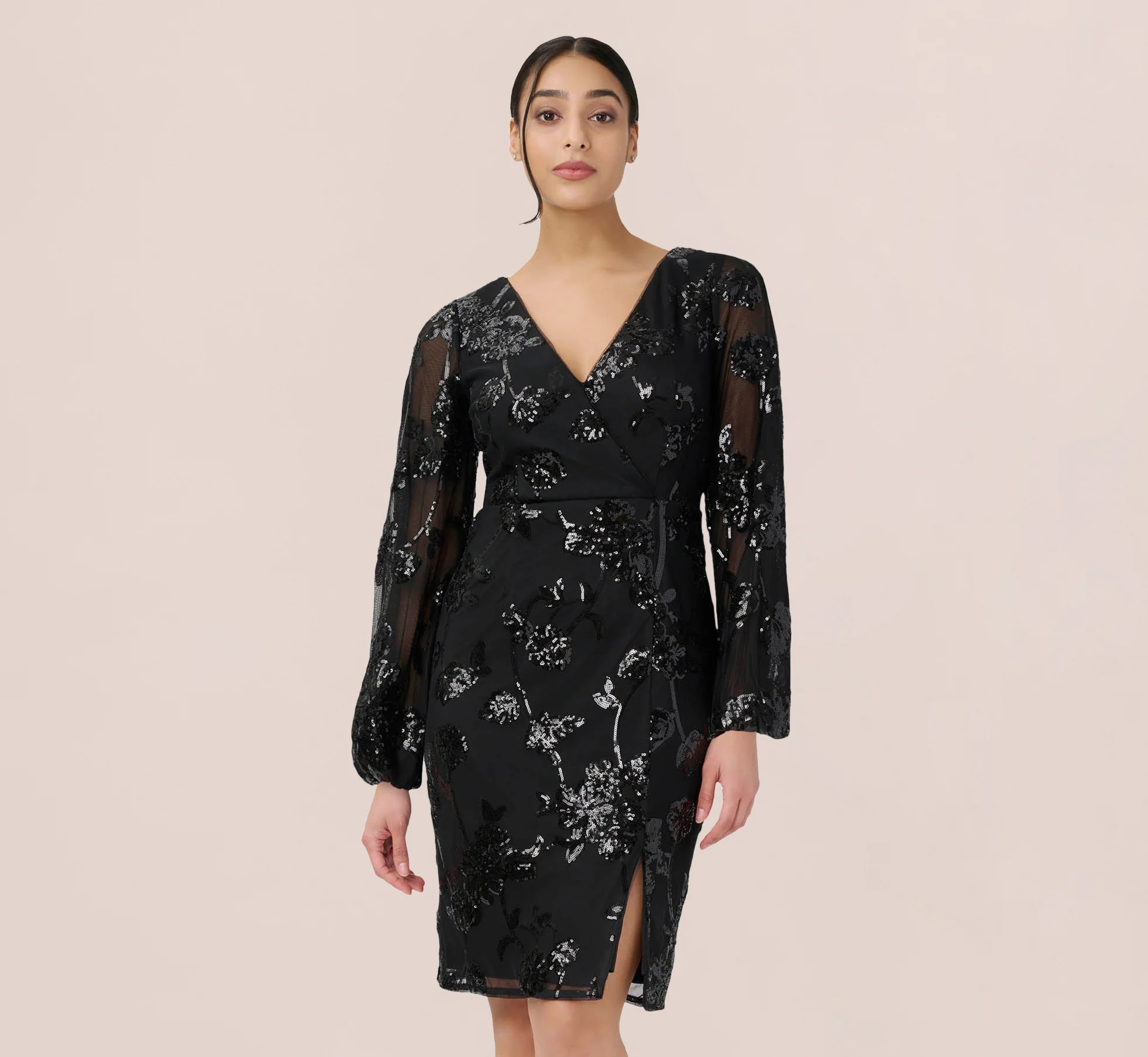 Floral Sequin Sheath Dress With Sheer Long Sleeves In Black | Adrianna Papell