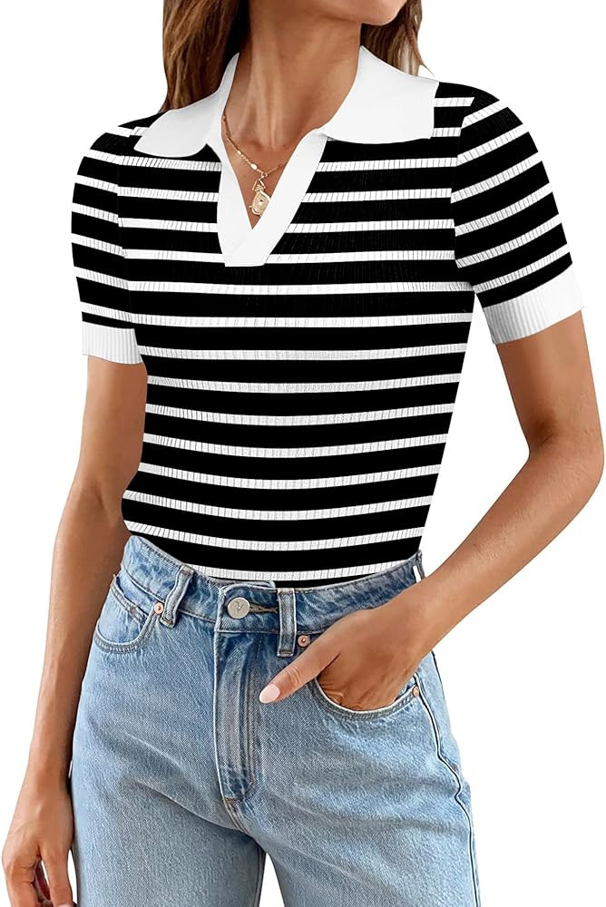 Ivicoer Womens V Neck Sweaters Dressy Casual Short Sleeve Sweater Slim Fit Lightweight Knit Tops | Amazon (US)