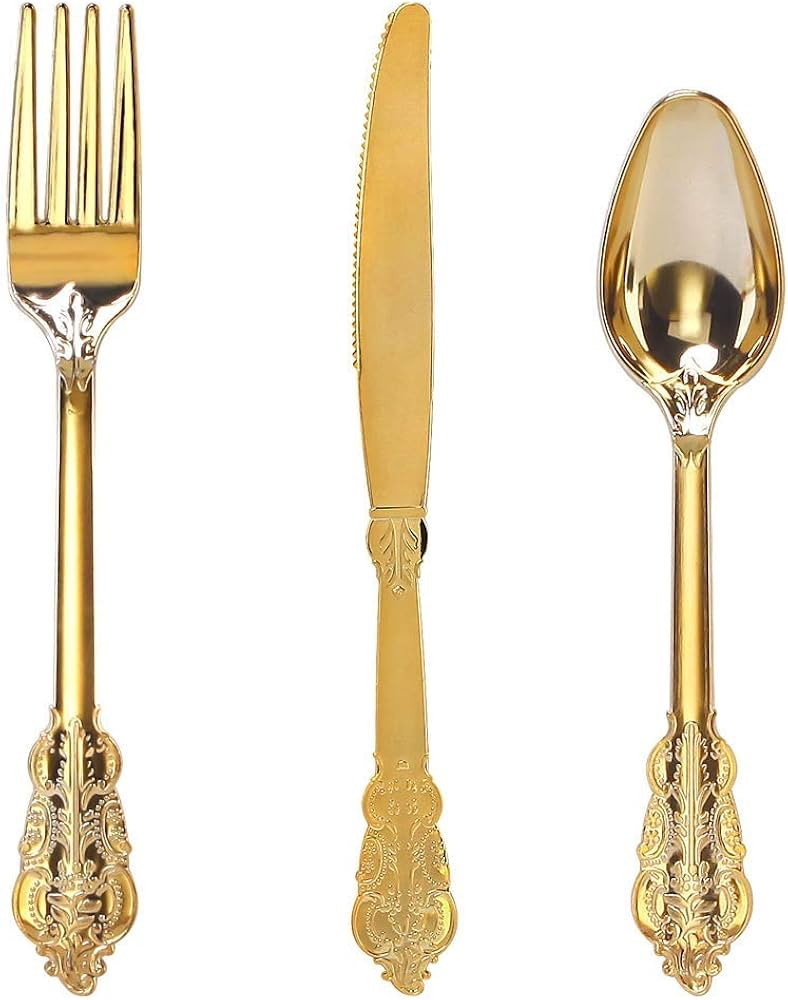 WDF 300 Pieces Gold Plastic Silverware Disposable - Heavy Duty Plastic Cutlery - Gold Silverware ... | Amazon (US)