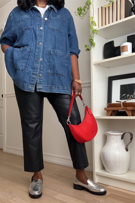 Spring weekend outfit idea featuring a long denim jacket, faux leather pants, white tee and a red bag 

#LTKplussize #LTKshoecrush #LTKover40