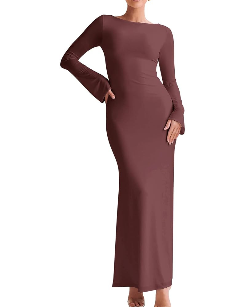 GLNEGE Women's Long Sleeve Bodycon Maxi Dress Elegant Fitted Crew Neck Lounge Dresses | Amazon (US)