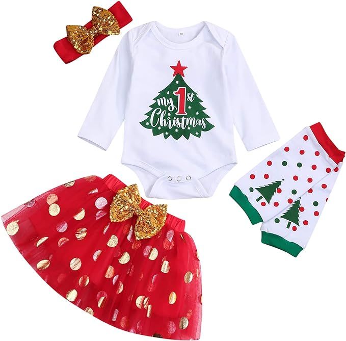 My First Christmas Clothes Baby Girls My 1st Christmas Romper Top+Dot Tutu Skirt+Leg Warmers+Head... | Amazon (US)
