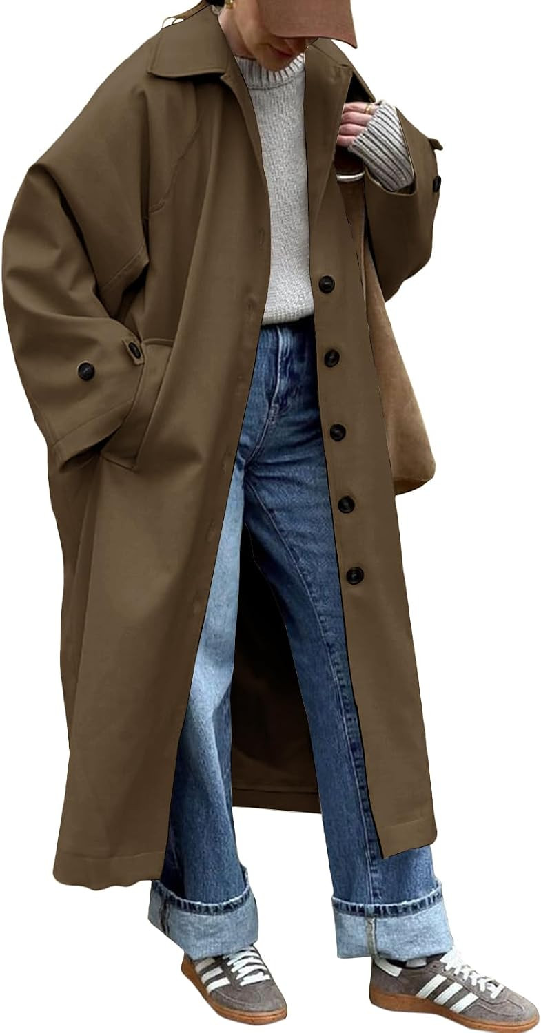 Tankaneo Womens Long Trench Coat Single Breasted Oversized Windproof Classic Lapel Fall Overcoat | Amazon (US)