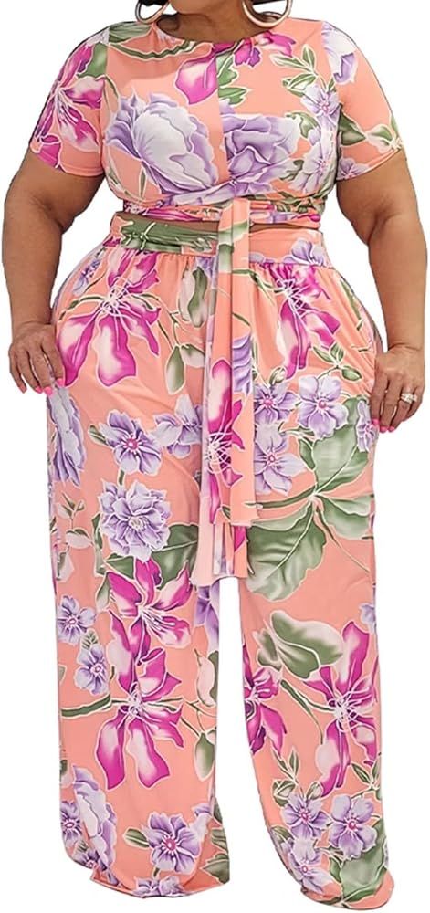IyMoo Women's Plus Size 2 Piece Outfit Sexy Printed Belted Crop Top Wide Leg Pants Sets Jumpsuits | Amazon (US)