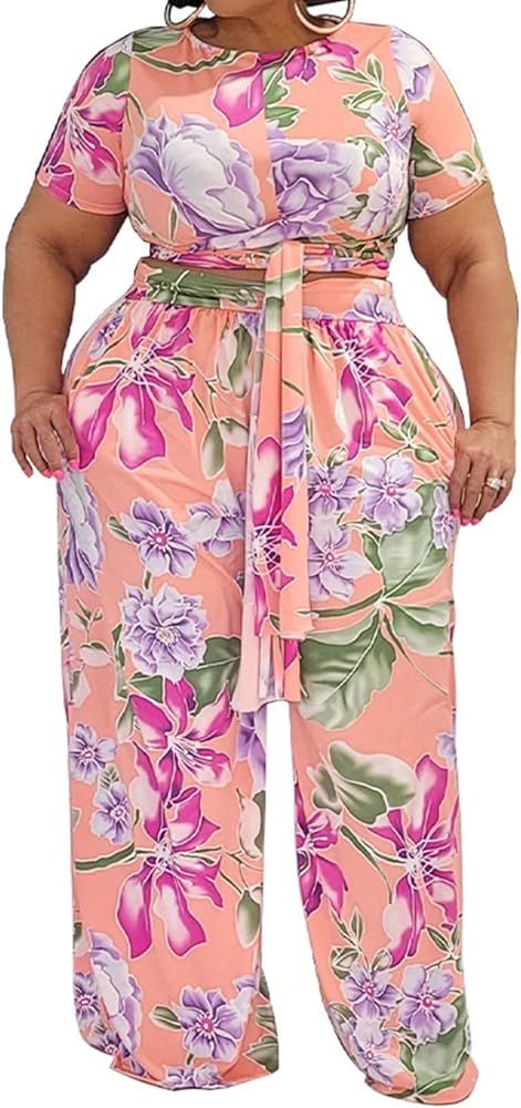 IyMoo Women's Plus Size 2 Piece Outfit Sexy Printed Belted Crop Top Wide Leg Pants Sets Jumpsuits | Amazon (US)