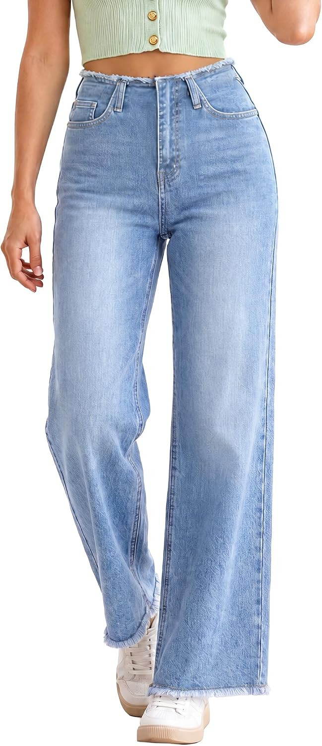 EMMIOL Women Wide Leg Jeans Mid High Waist Stretchy Baggy Denim Pants | Amazon (US)