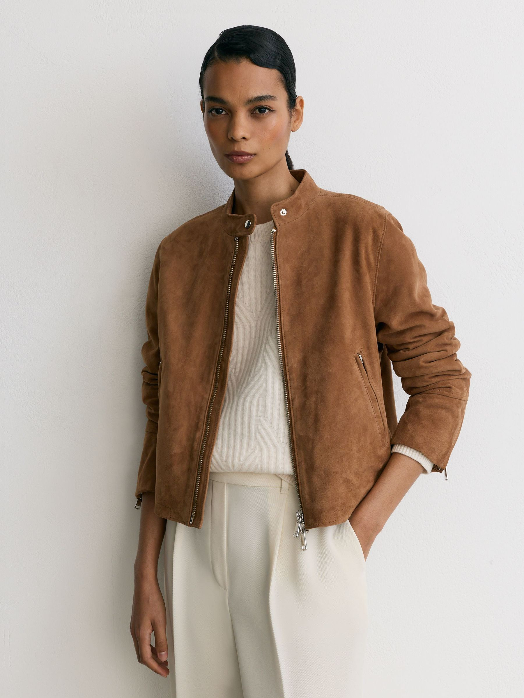 Reiss Suede Stand-Collar Jacket in Cognac Brown - REISS | Reiss UK