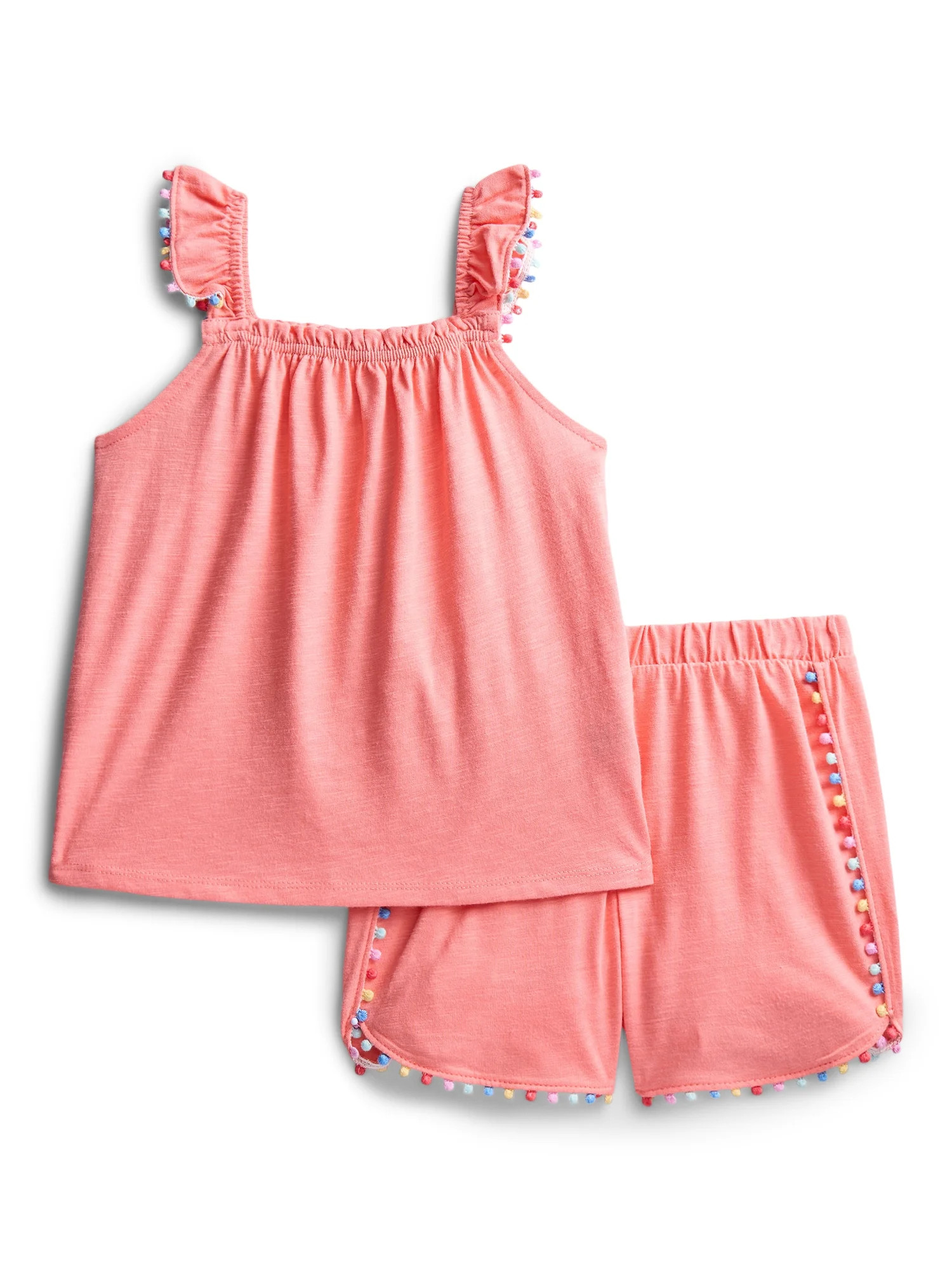 Wonder Nation Girls Pom Pom Top and Shorts Outfit Set, 2-Piece, Sizes 4-10 | Walmart (US)