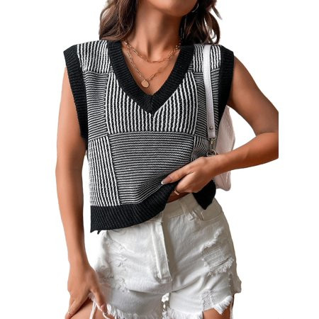 Casual Striped V neck Black and White Women Sweater Vests (Women s) | Walmart (US)