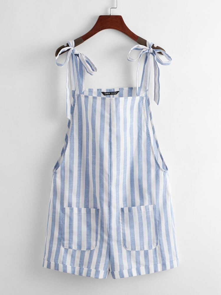 SHEIN Tie Shoulder Pocket Patched Two Tone Striped Cuffed Romper | SHEIN