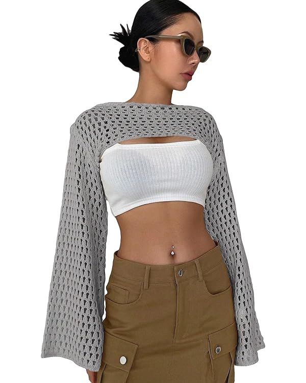 COZYEASE Women's Hollow Out Crochet Top Knit Long Sleeve Cropped Shrug Sweater Y2k Tops | Amazon (US)