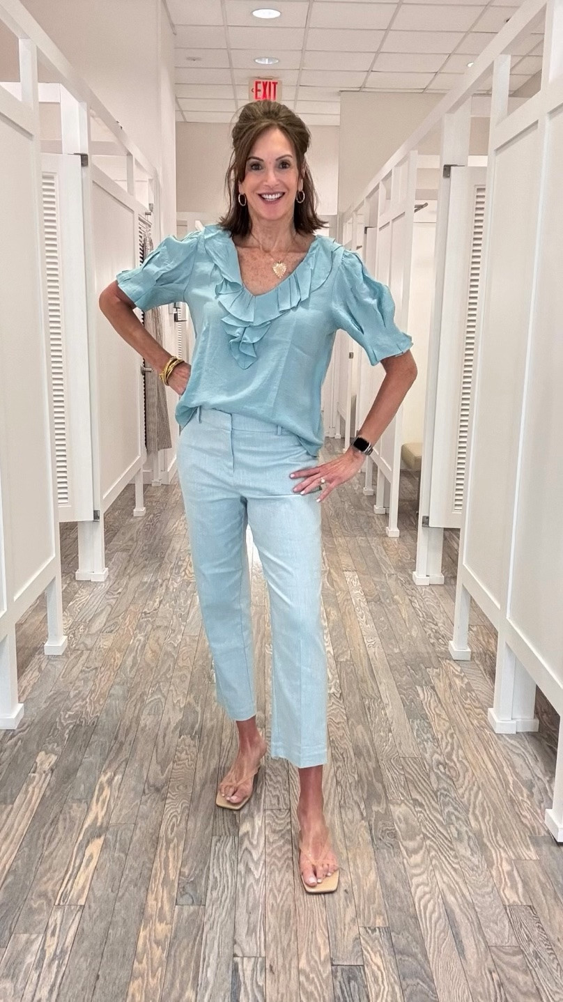 Women’s fashion, outfit inspo, outfit ideas, what to wear for, fashion over 40, fashion over 50, spring outfits, spring style, spring outfit inspo, spring fashion, women’s spring outfit, Vacation outfit, vacation style, blue, ruffle blouse

#LTKSeasonal #LTKOver40 #LTKootd