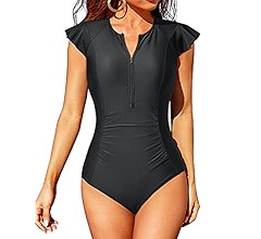 Tempt Me One Piece Swimsuits for Women Zip Front Rash Guard Short Sleeve Tummy Control Surfing Sp... | Amazon (US)