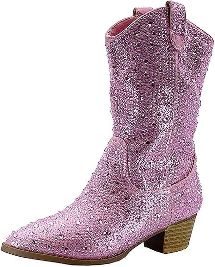 Forever Girls/Kids Rhinestone Western Cowgirl Cowboy Pointed Toe Low Heel Boots | Amazon (US)