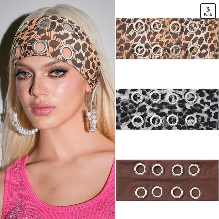 AWAYTR Women Hollow Out Eyelet Elastic Headband Y2K Wide Grommet Hairband Punk Grunge Wide Band f... | Amazon (US)