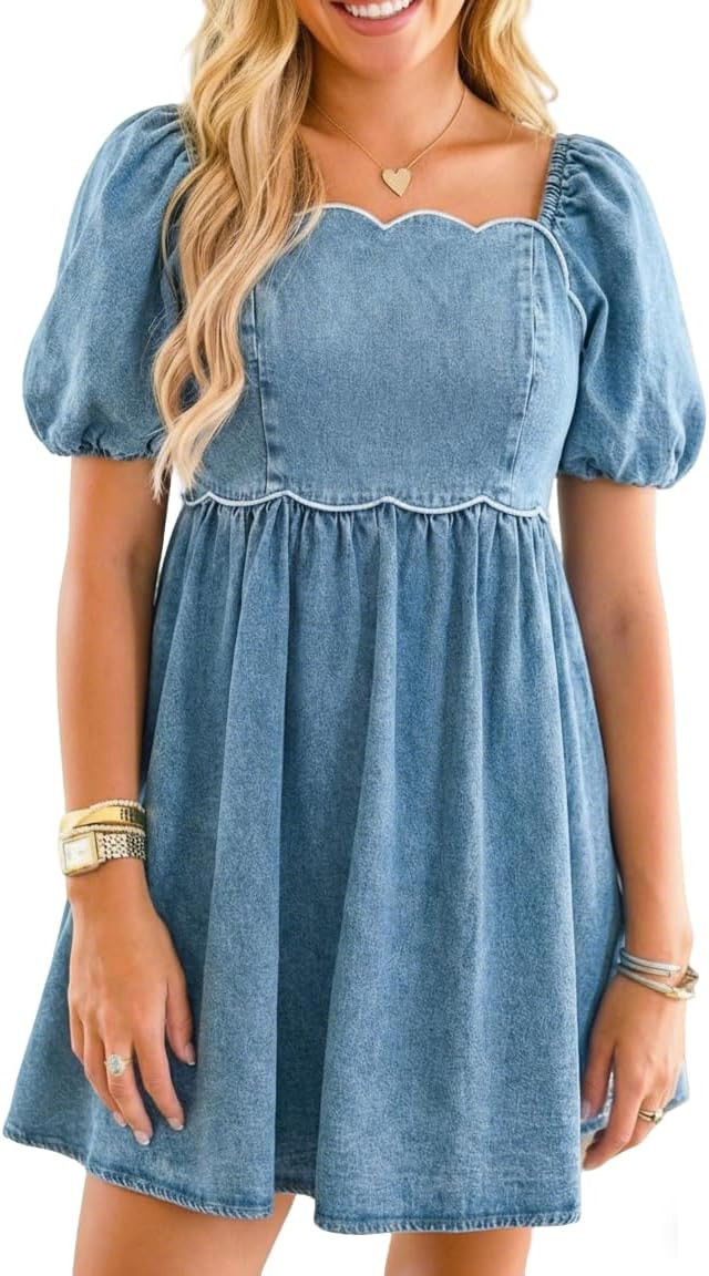 Denim Dress Babydoll Jean Square Neck Puff Sleeve Casual Country Concert Dresses with Pockets for... | Amazon (US)