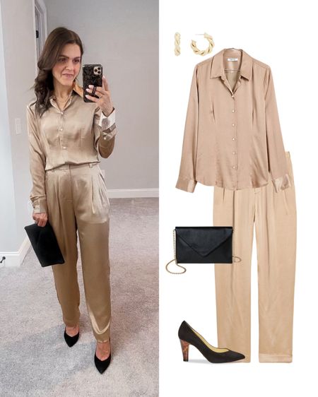 Holiday party outfit idea: satin shirt, satin tapered pant, black pump, envelope clutch — add a cropped blazer for layer 

#LTKSeasonal #LTKHoliday #LTKstyletip