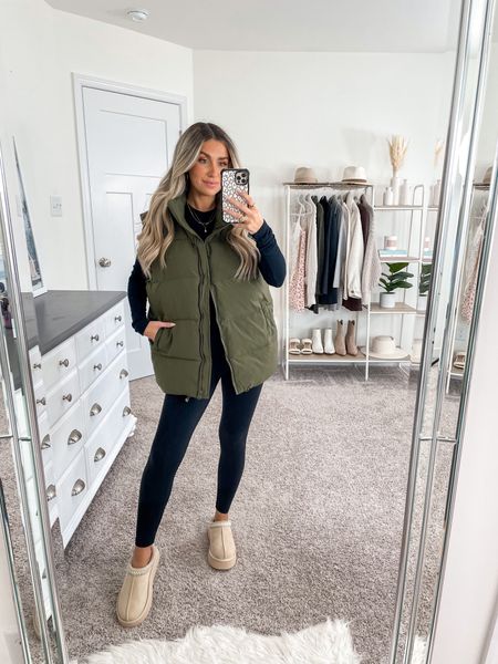 Ten ways to style this green puffer vest from Amazon 🫶🏼 look 3/10 
+ puffer vest: small
+ top: xs
+ leggings: xs 25 inch 
+ tazz platform look for less: size 6 

#LTKSeasonal #LTKfindsunder50 #LTKfindsunder100
