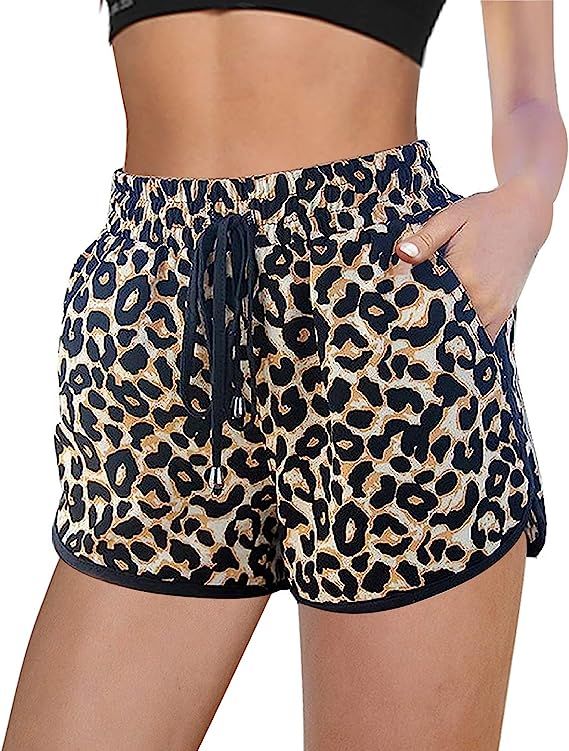 QIXING Women's Casual Leopard Beach Shorts Running Shorts | Amazon (US)