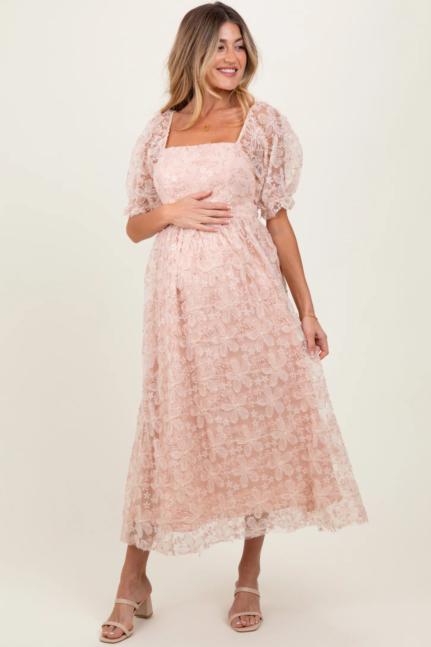 Light Pink Floral Mesh Overlay Tie Back Maternity Midi Dress | PinkBlush Maternity