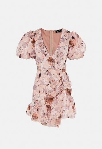 Pink Floral Puff Sleeve Frill Mini Dress | Missguided (US & CA)