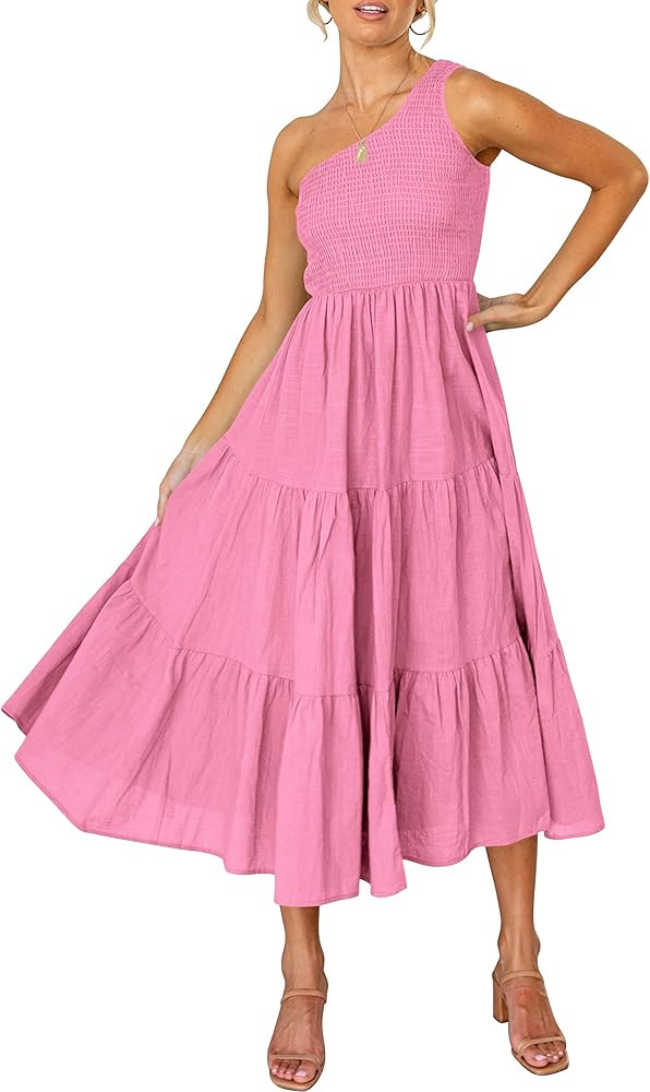 ANRABESS Women's 2024 Spring Bohemian One Shoulder Sleeveless Smocked Ruffle Tiered Beach Maxi Su... | Amazon (US)